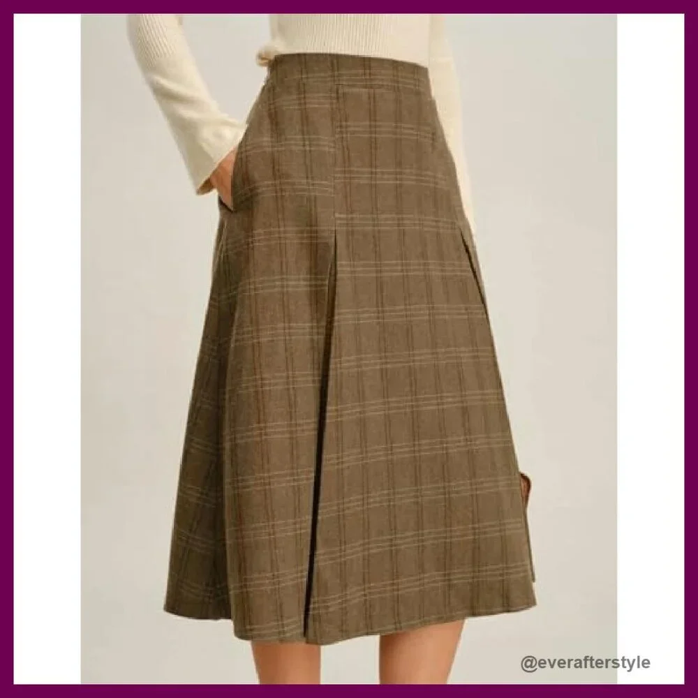 Vintage Plaid A-Line Midi Skirt High Waist Elegant Retro Wool-Blend Pockets - Picture 5 of 6